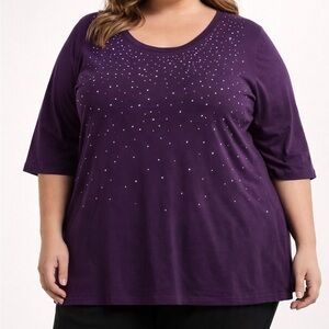 Catherines Purple Studded 3/4 Sleeve‎ Knit Top Women's Plus Size 2X Casual Plus